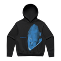 A black pullover hoodie featuring a large blue graphic print of a distorted face on the front, with the text 'fontaines d.c'