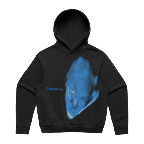 A black pullover hoodie featuring a large blue graphic print of a distorted face on the front, with the text 'fontaines d.c'