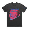 A charcoal gray t-shirt featuring a graphic print of a face in pink and blue
with the text 'DOPAMINE chamber' in blue.