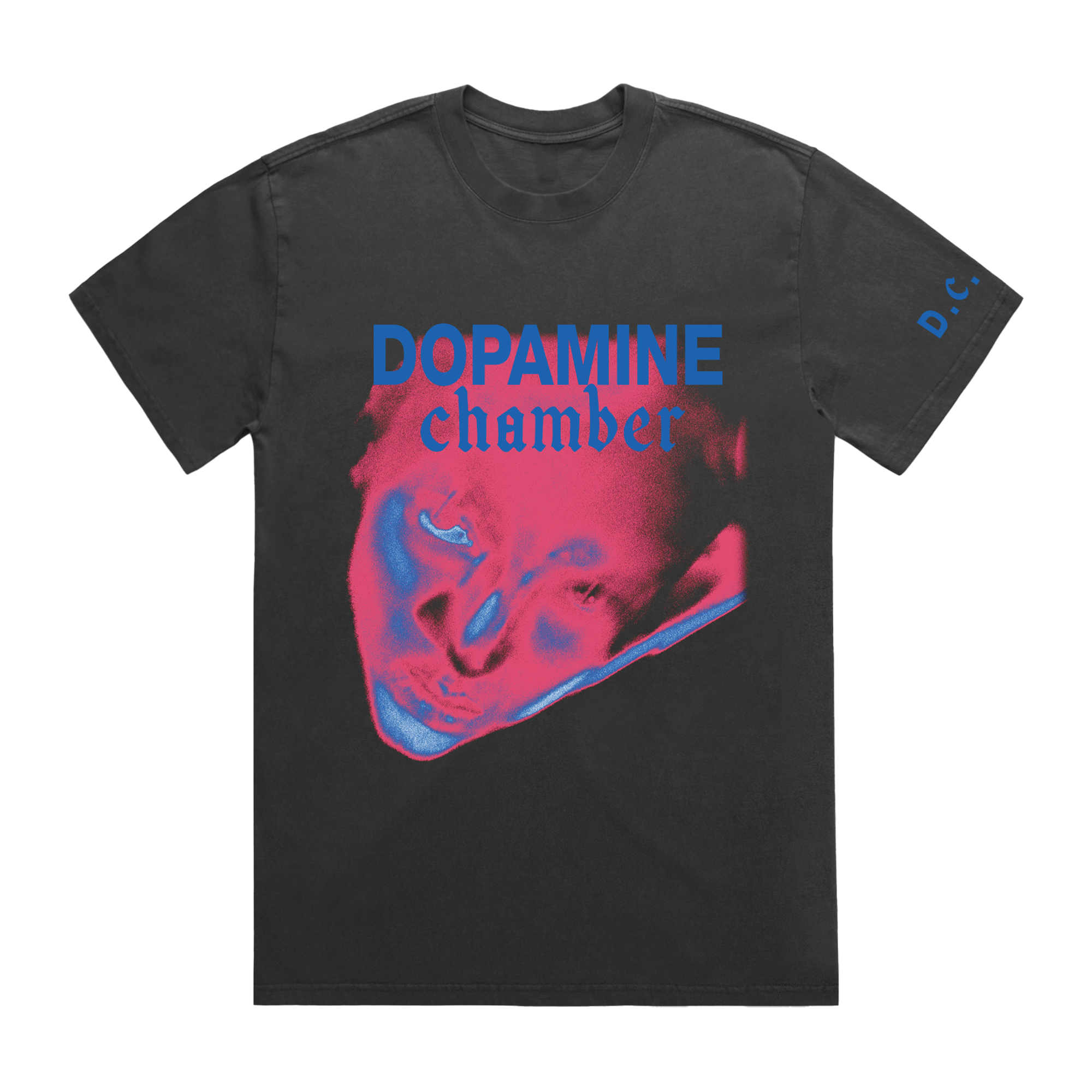 A charcoal gray t-shirt featuring a graphic print of a face in pink and blue
with the text 'DOPAMINE chamber' in blue.