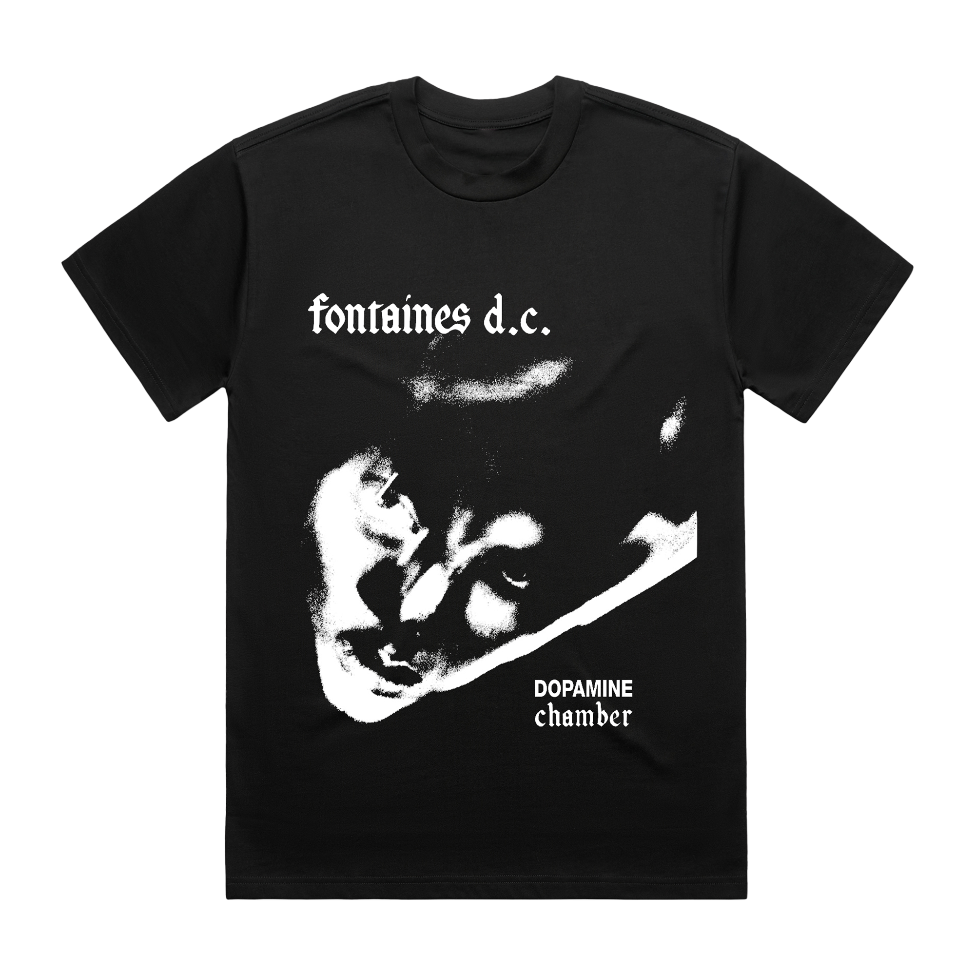 A black short-sleeve graphic t-shirt featuring a white print of a face and the text 'fontaines d.c.'