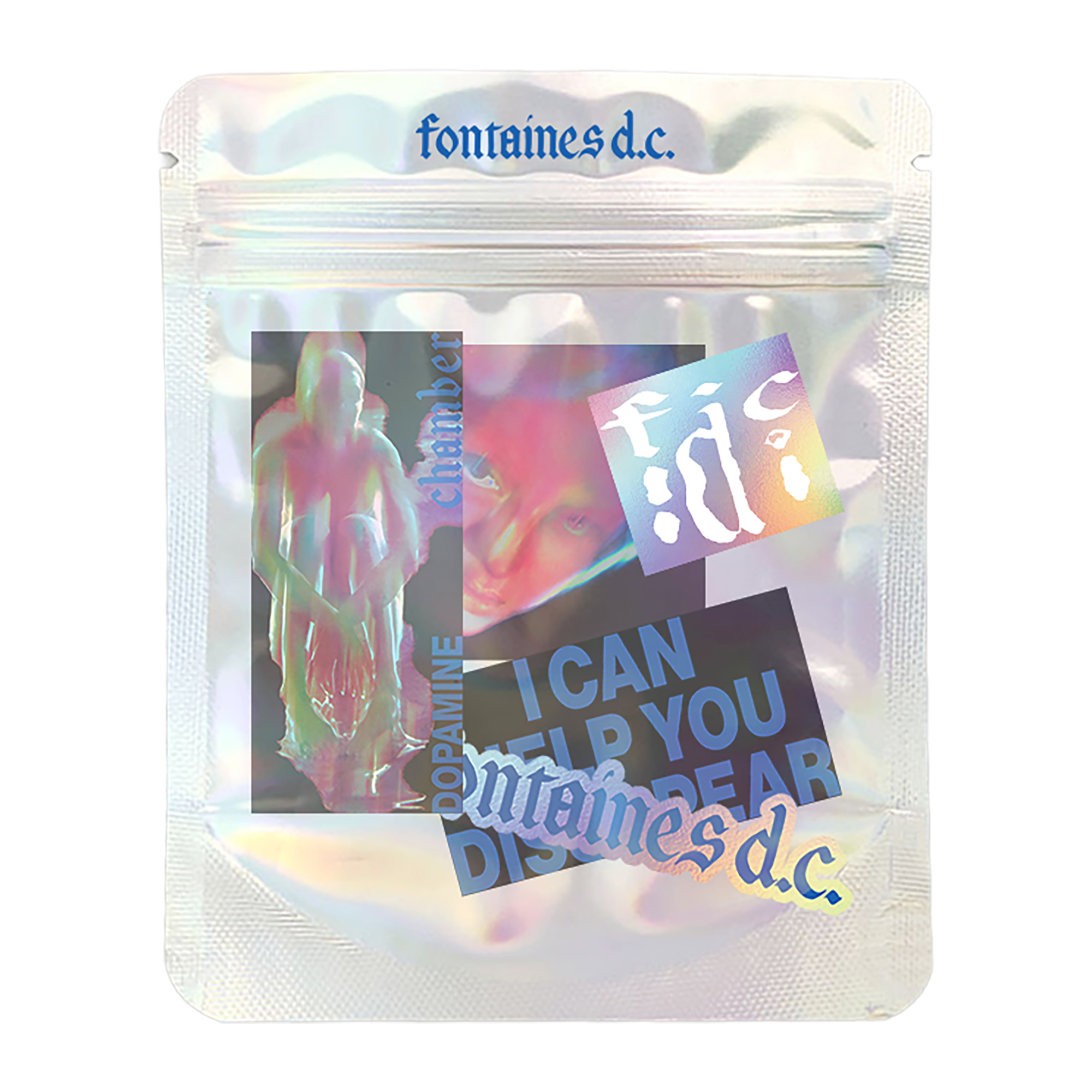 A silver resealable pouch with a variety of stickers inside.