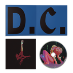 Blue 'D.C.' CD insert, print with red distorted graphic, and CD with a neon artwork. 