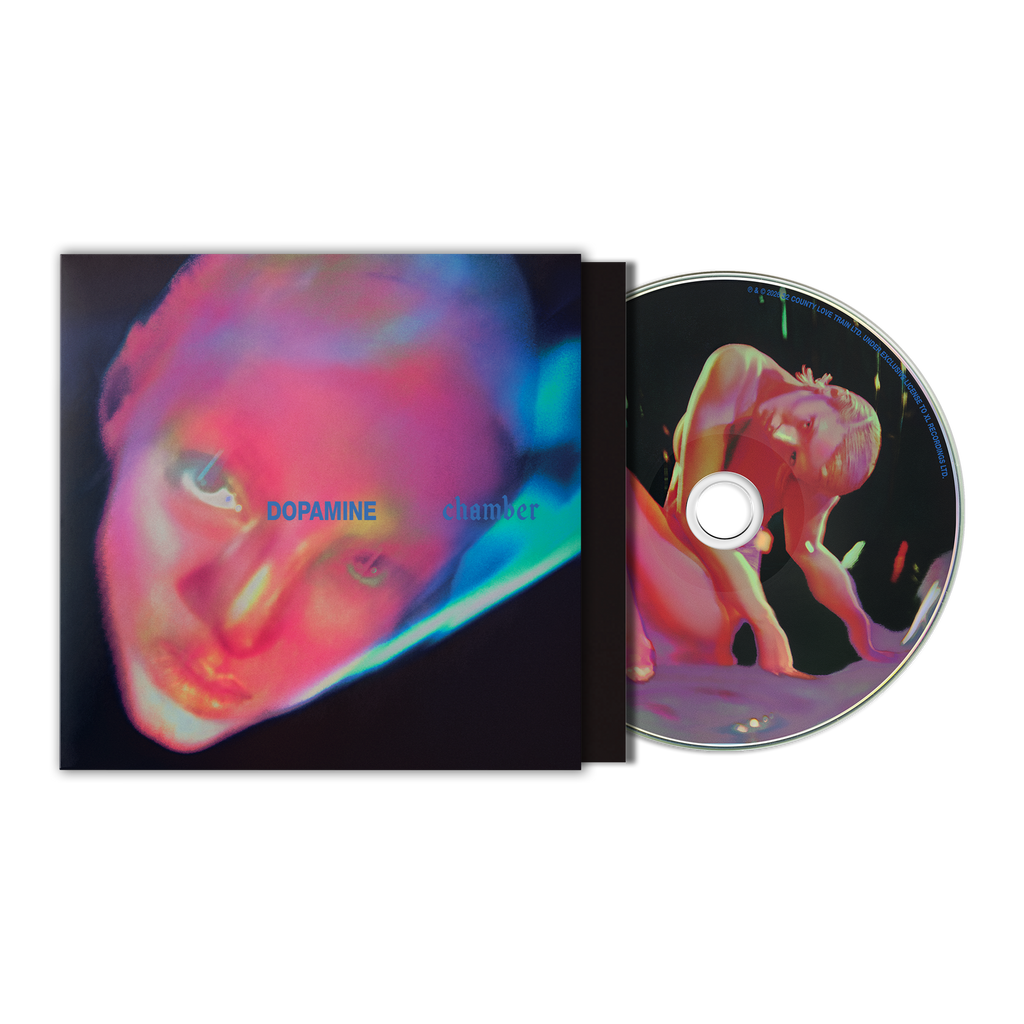 A CD album case and disc, featuring a  neon-toned graphic of a face on the cover and a stylized nude figure on the disc.