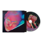 A CD album case and disc, featuring a  neon-toned graphic of a face on the cover and a stylized nude figure on the disc.