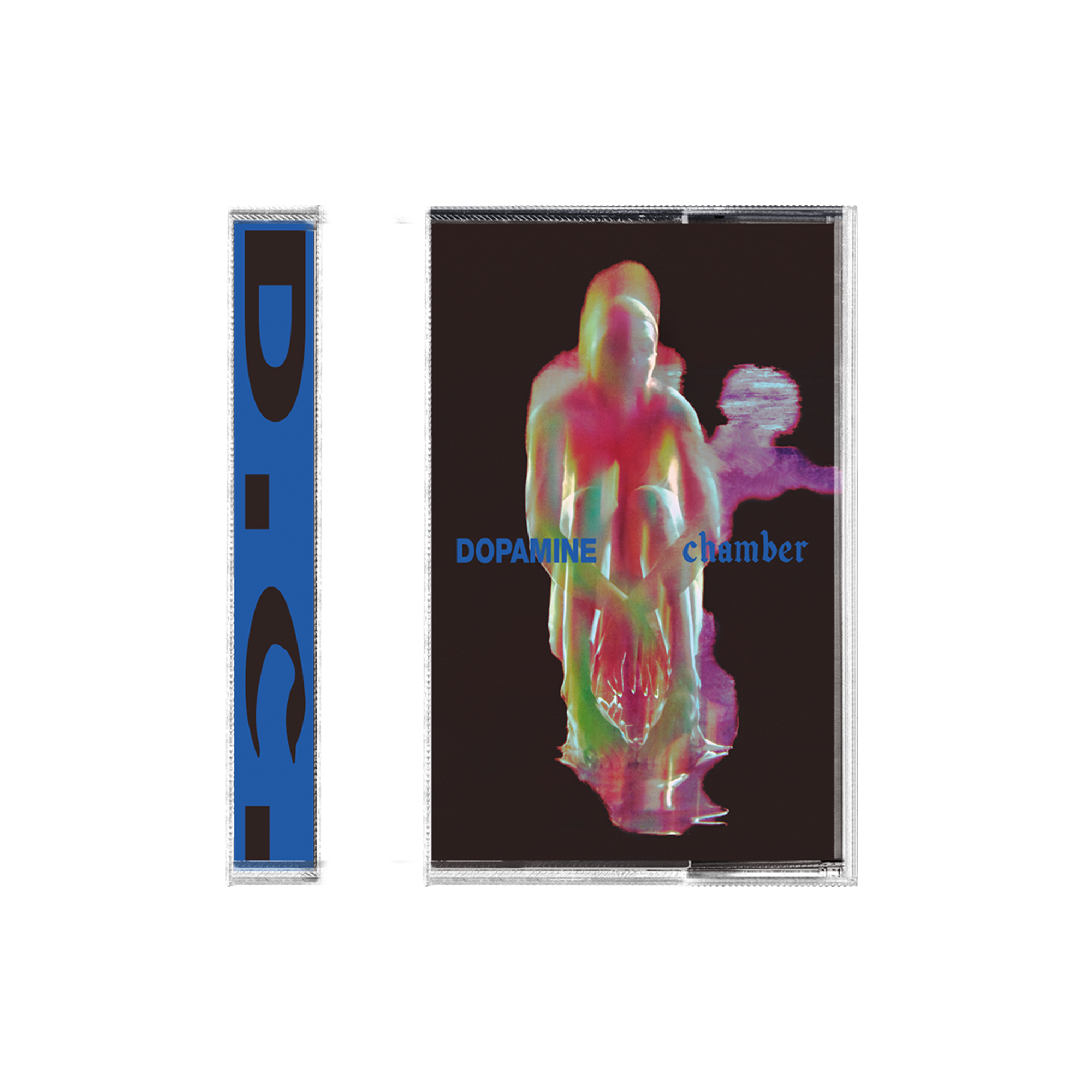 Cassette with distorted colourful graphic on front and blue 'D.C' design on spine.