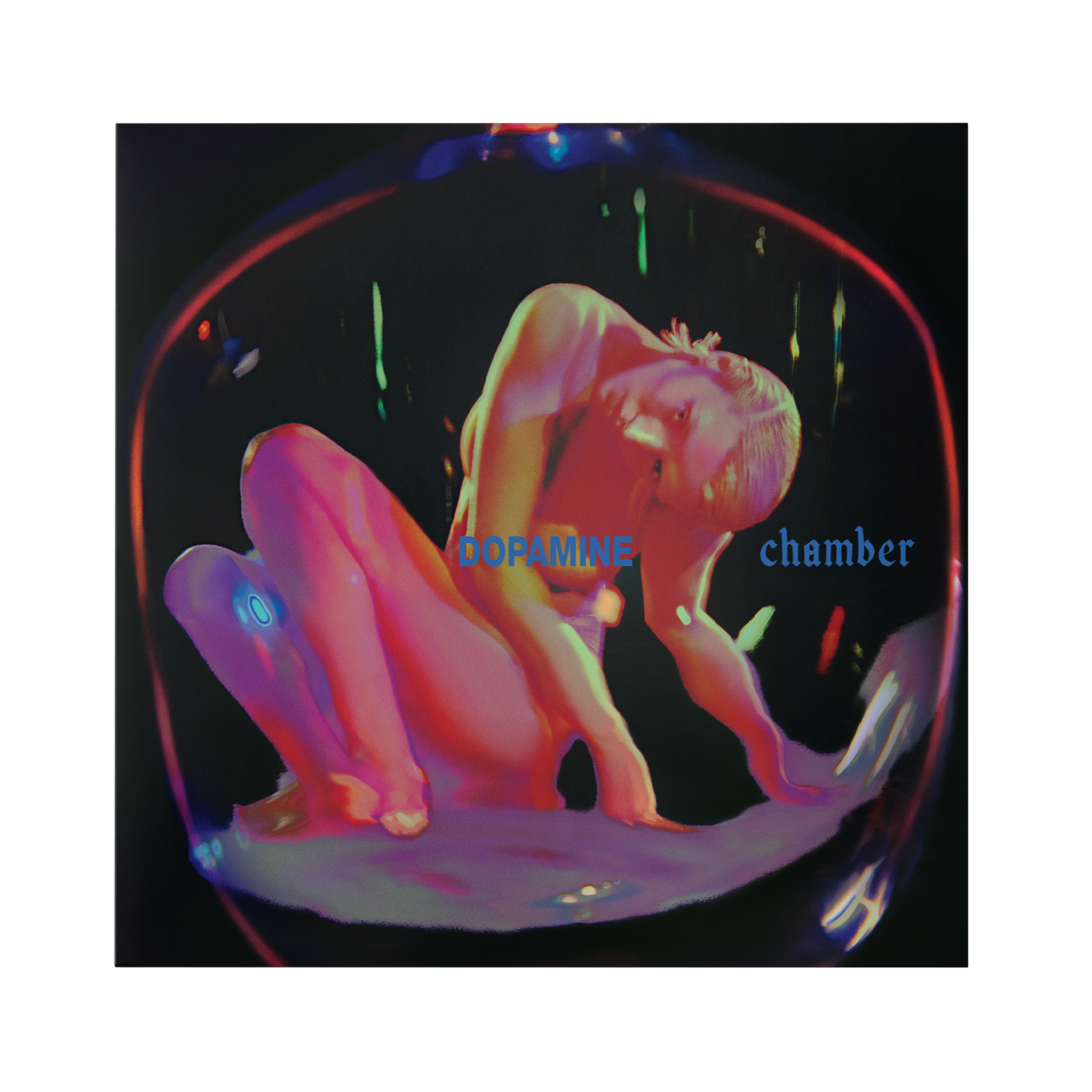 Album cover art for 'Dopamine chamber' featuring a neon-lit graphic of a female figure against a black background.