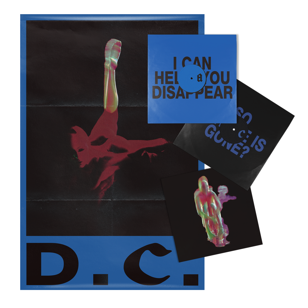 A vinyl record package, featuring a large black-and-blue cover with a red abstract figure, a blue and black record sleeves with text, and a small printed card with a neon graphic.