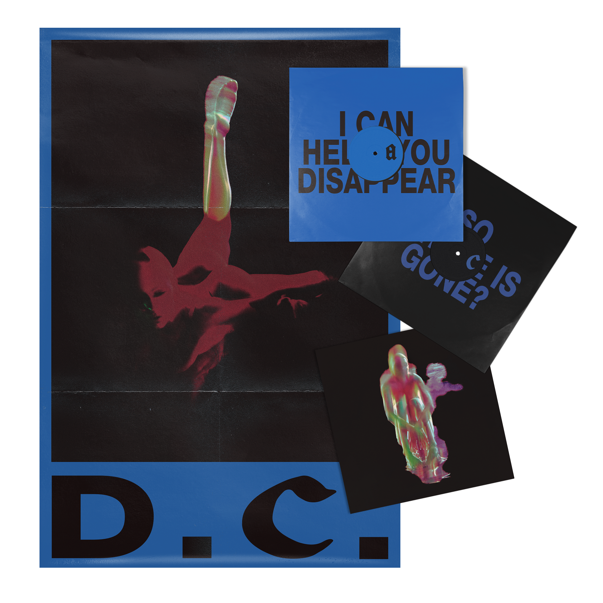 A vinyl record package, featuring a large black-and-blue cover with a red abstract figure, a blue and black record sleeves with text, and a small printed card with a neon graphic.