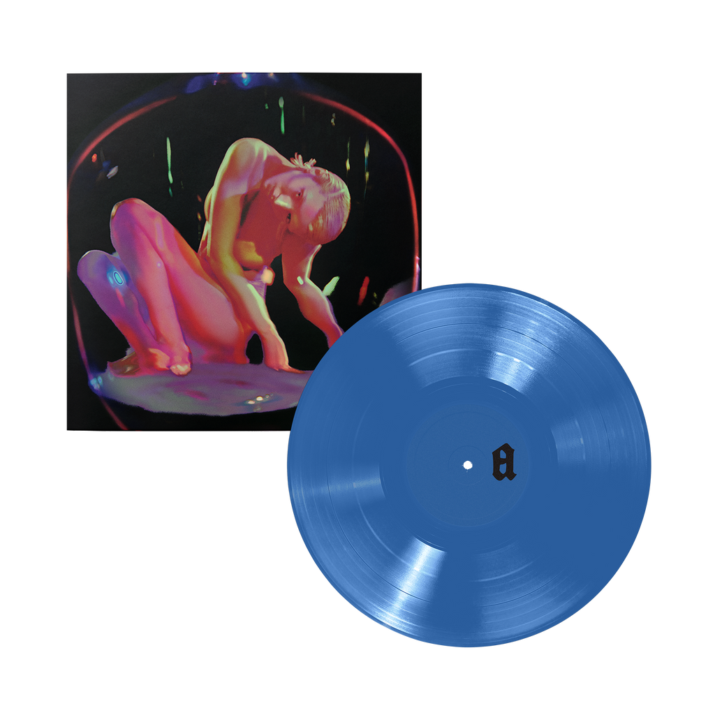 A blue vinyl record with its illustrated album cover, which features a neon-toned nude figure against a dark background.