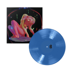 A blue vinyl record with its illustrated album cover, which features a neon-toned nude figure against a dark background.