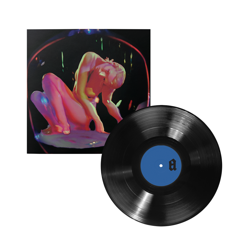Vinyl album cover featuring neon graphic of a female and black vinyl with blue center.