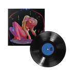 Vinyl album cover featuring neon graphic of a female and black vinyl with blue center.