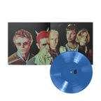 A blue vinyl record in front of an open music album with a band portrait on the cover.