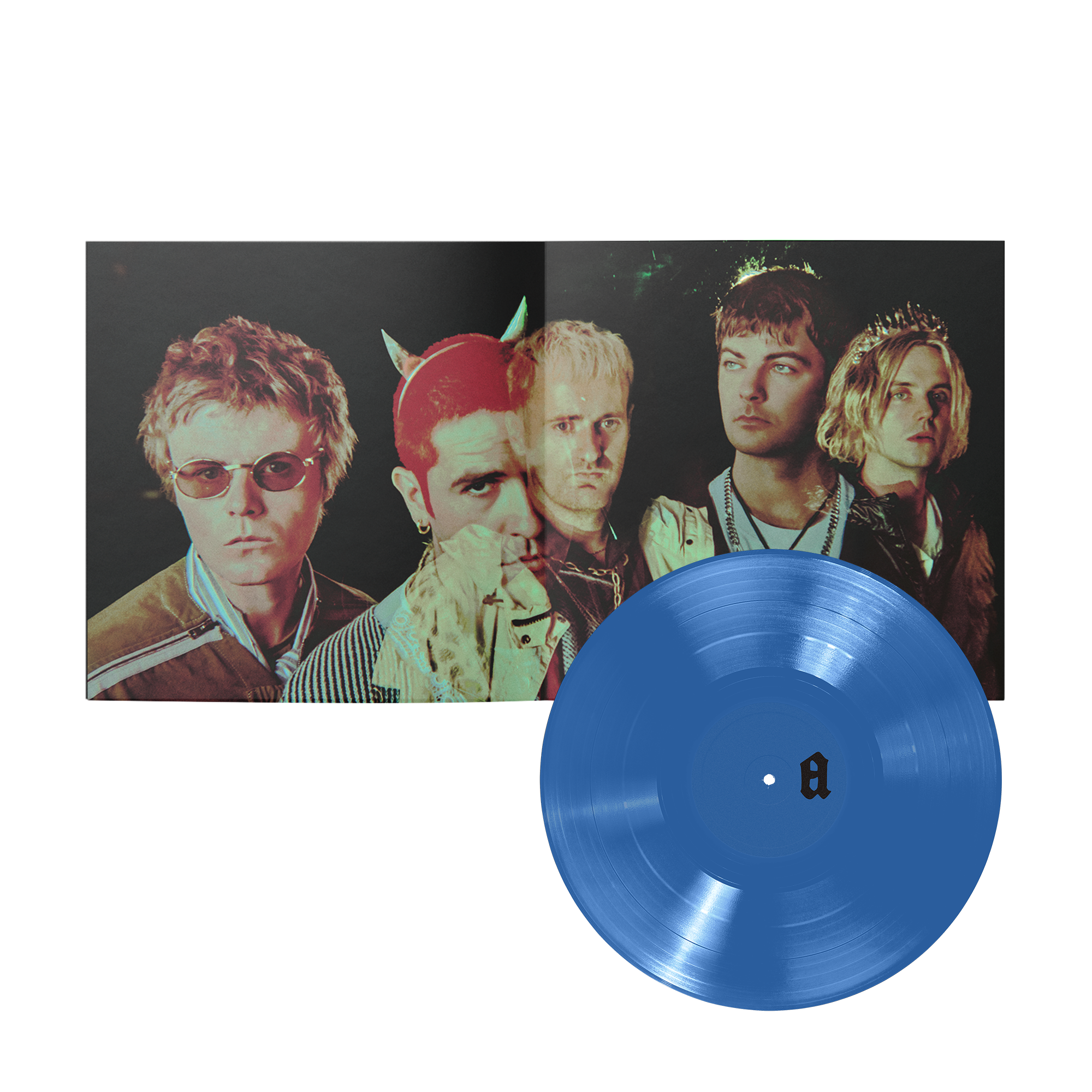 A blue vinyl record in front of an open music album with a band portrait on the cover.