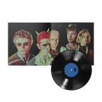 A vinyl record partially pulled from its open sleeve, showing a portrait cover and a black record with a blue center label.
