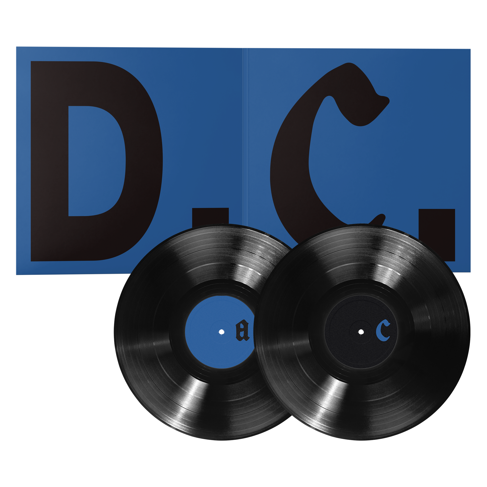 Two black vinyl records displayed in front of an open blue "D.C." insert. 