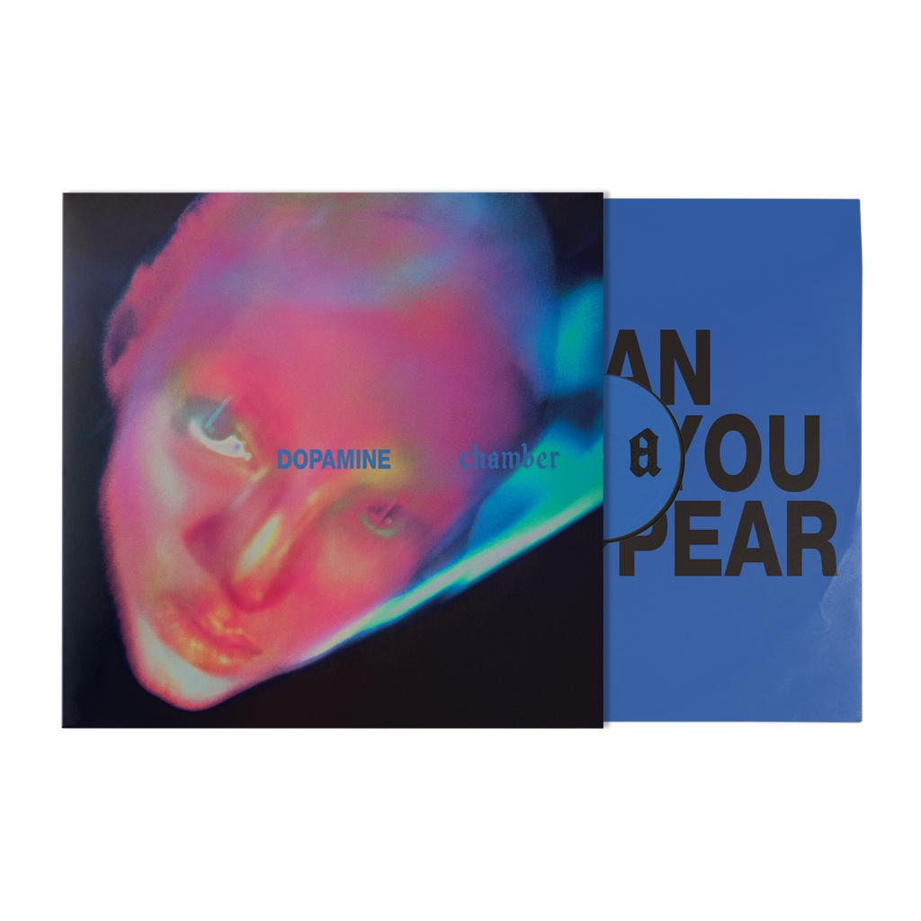 A vinyl record album shown in its sleeve with the record partially pulled out. The sleeve features a colorful, distorted close-up portrait, with the text 'DOPAMINE chamber' in light blue.
