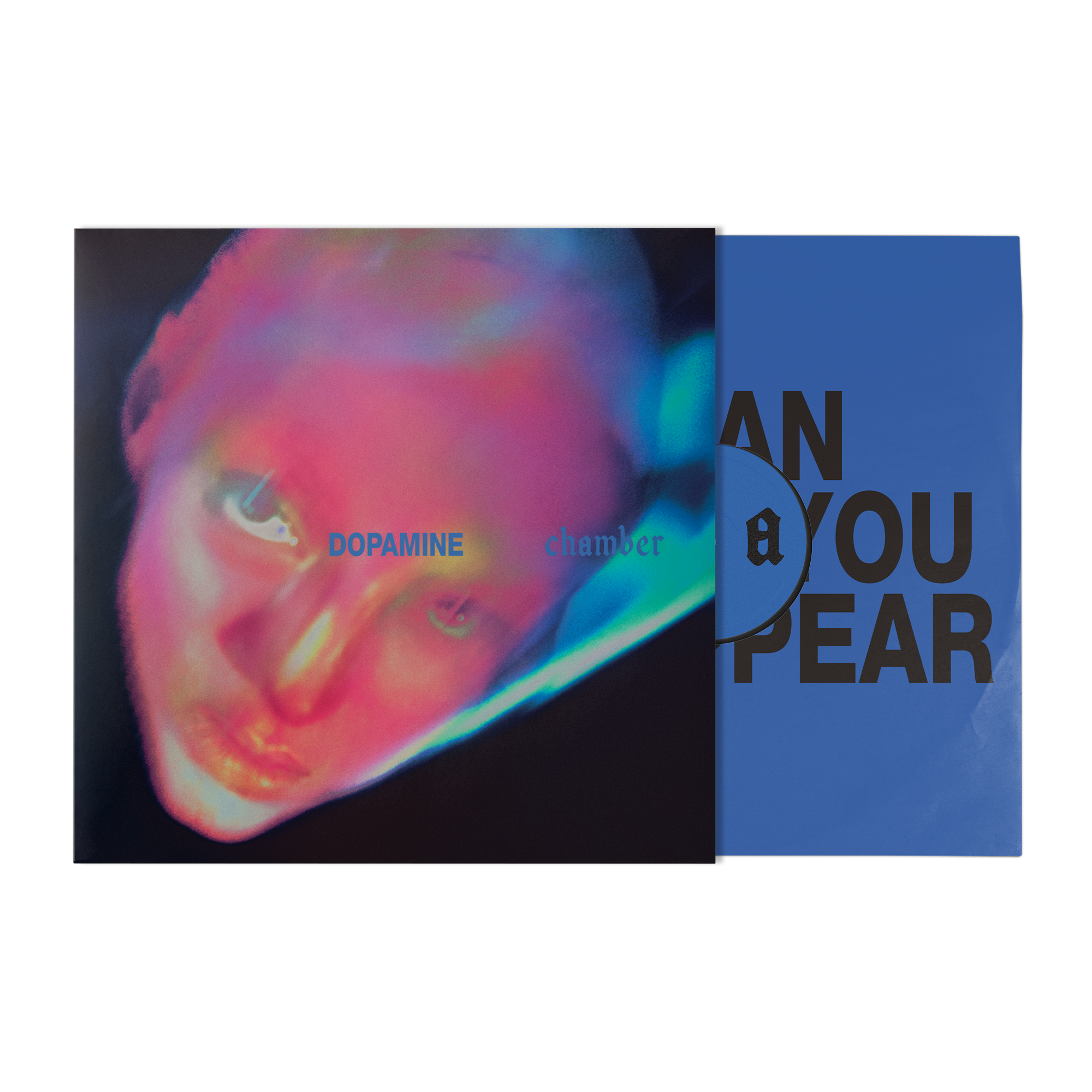 A vinyl record album shown in its sleeve with the record partially pulled out. The sleeve features a colorful, distorted close-up portrait, with the text 'DOPAMINE chamber' in light blue.