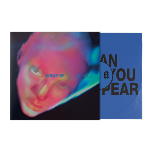 A vinyl record album shown in its sleeve with the record partially pulled out. The sleeve features a colorful, distorted close-up portrait, with the text 'DOPAMINE chamber' in light blue.