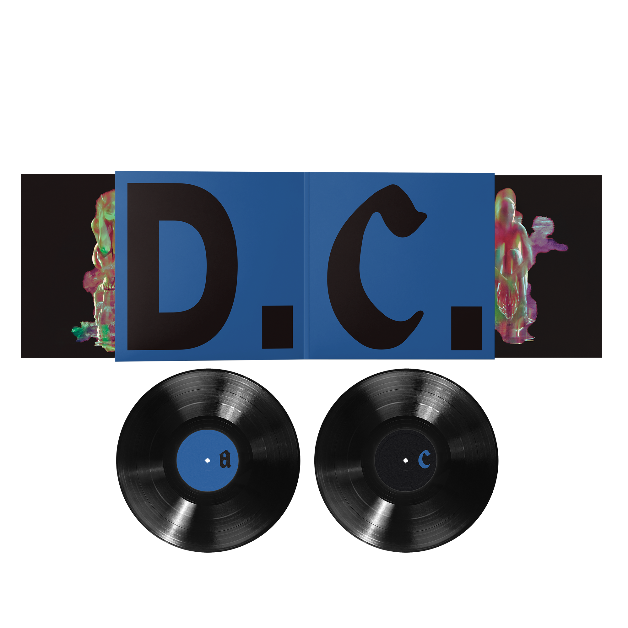 D.C. album vinyl set with a blue insert, and two black vinyl records.
