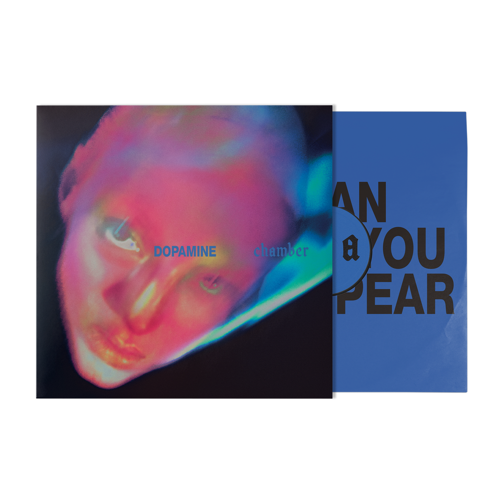 A vinyl record partially pulled from its sleeve, showing the album cover art with a neon close-up portrait and the blue inner sleeve with large black text.