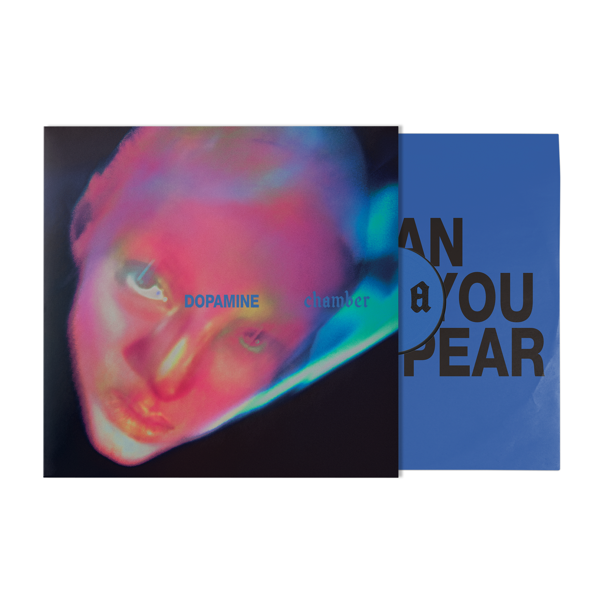 A vinyl record partially pulled from its sleeve, showing the album cover art with a neon close-up portrait and the blue inner sleeve with large black text.