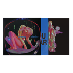 Vinyl cover with neon colorful graphic of a female on a black background with bright blue inner sleeve with bold black text. 