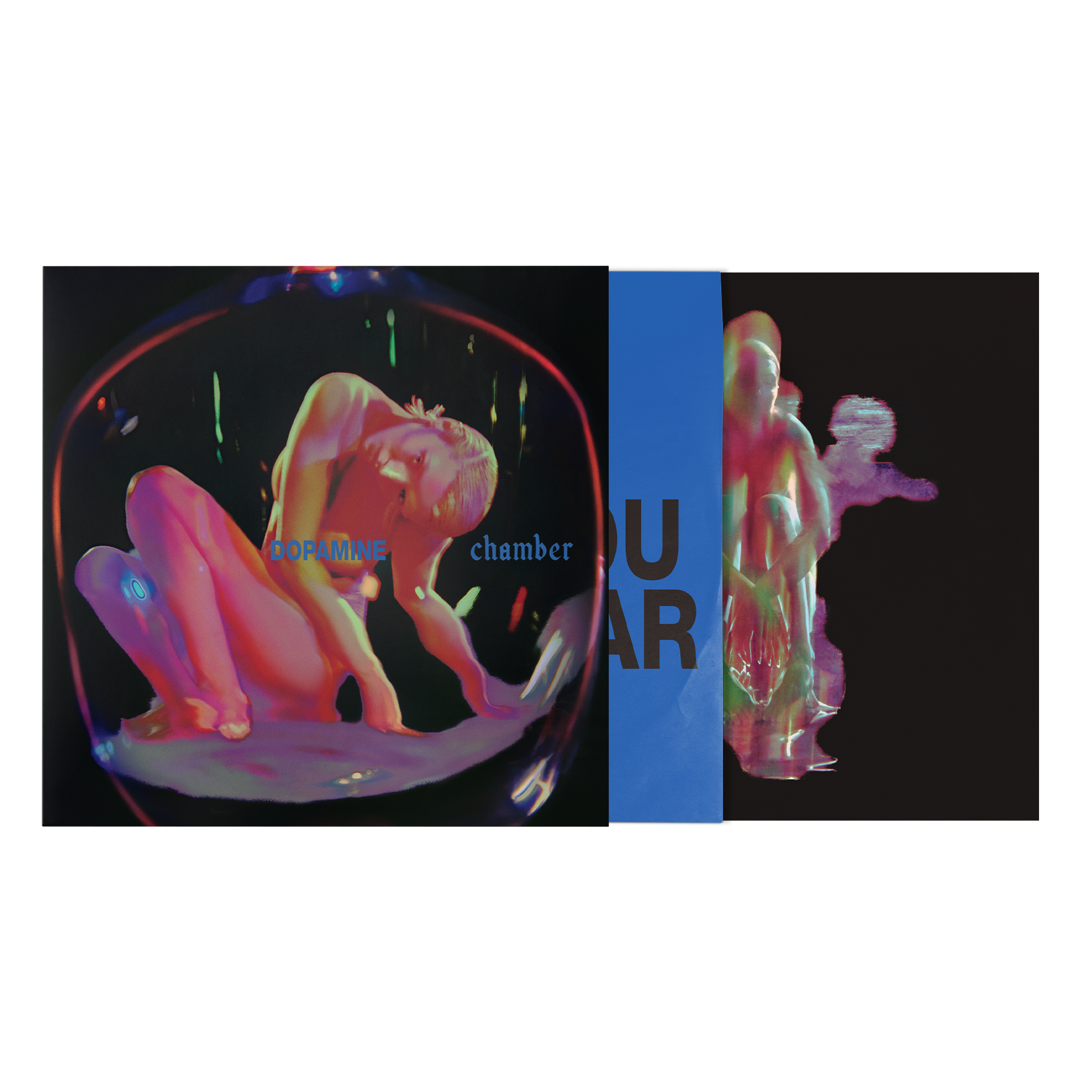 Vinyl cover with neon colorful graphic of a female on a black background with bright blue inner sleeve with bold black text. 