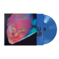 A vinyl record partially pulled from its sleeve, showing a blue disc and matching blue inner sleeve over an album cover with a neon portrait. 