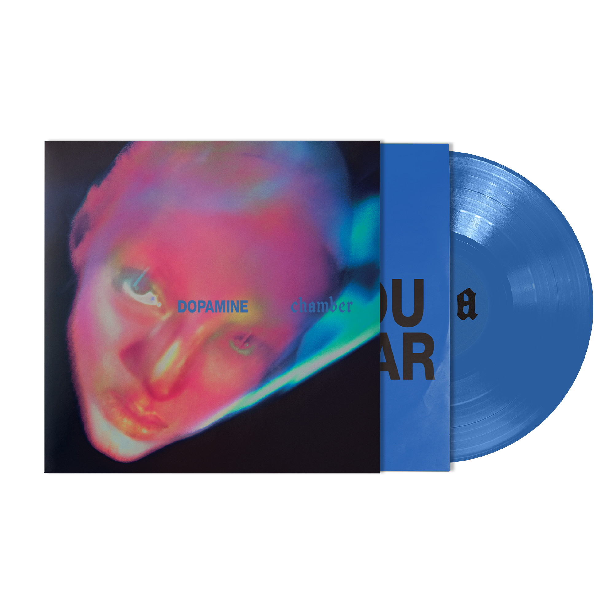 A vinyl record partially pulled from its sleeve, showing a blue disc and matching blue inner sleeve over an album cover with a neon portrait. 