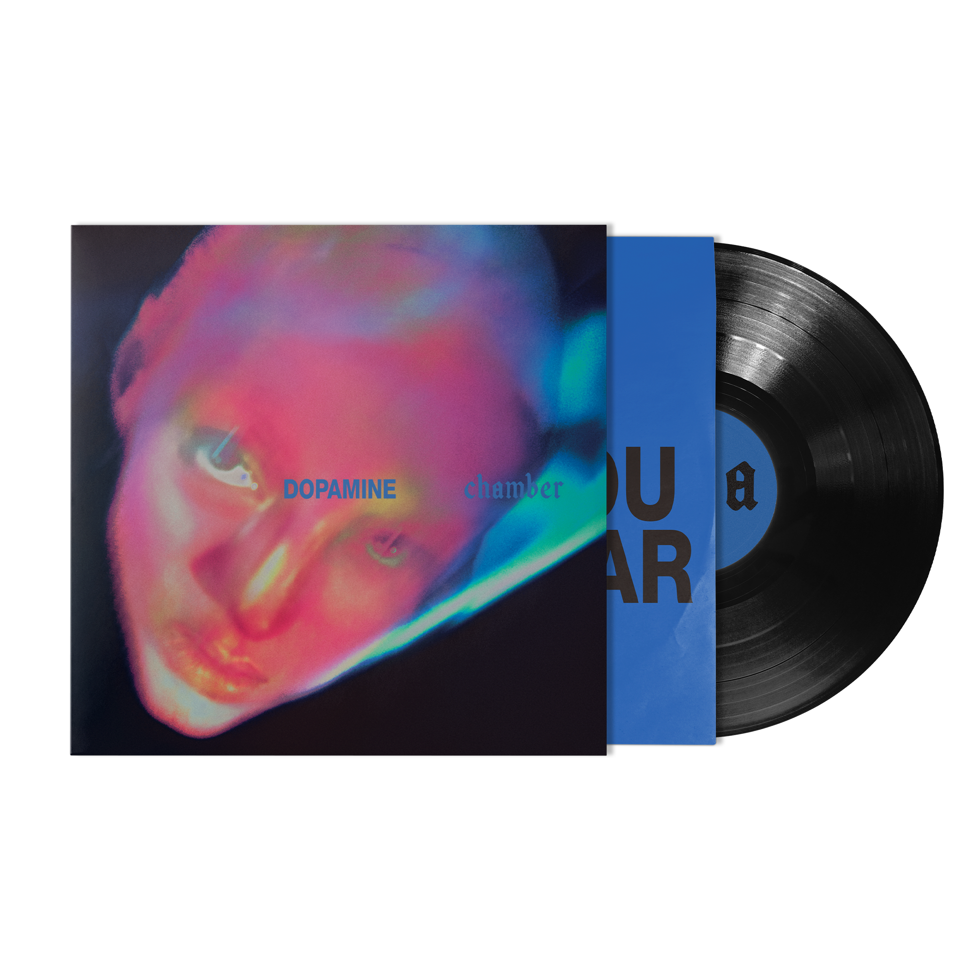 A vinyl record partially pulled from its sleeve, showing a black LP with a blue center label and a colorful album cover.