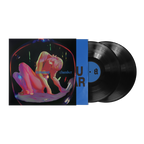 A vinyl record album with illustrated outer sleeve, a blue spine band, and two black records.